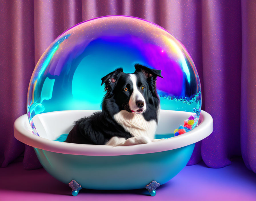 Black and white dog in bubble bath with cosmic background and purple room