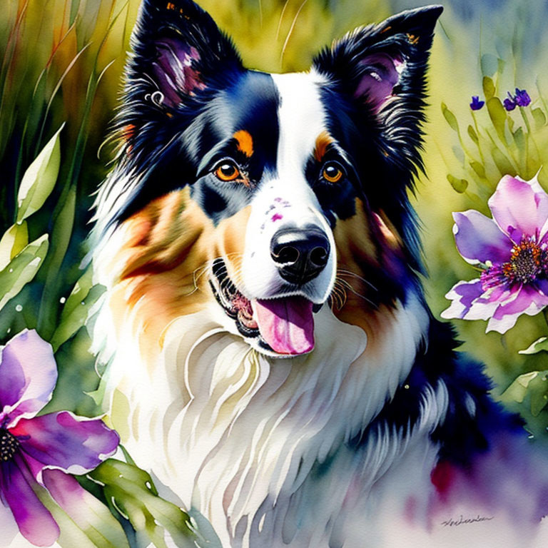 Colorful Watercolor Painting of Border Collie in Greenery & Purple Flowers