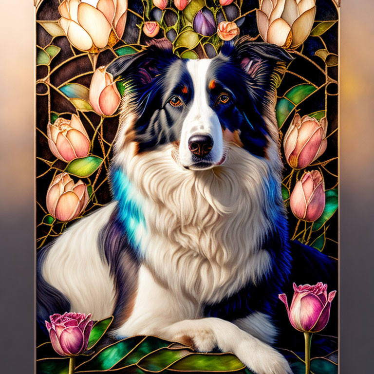 Black, White, and Tan Border Collie by Stained Glass Lotus Flowers