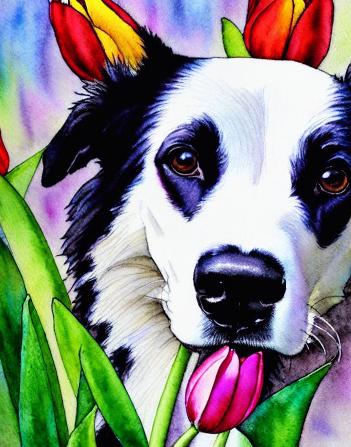 Vibrant illustration of dog with flowers and leaves.