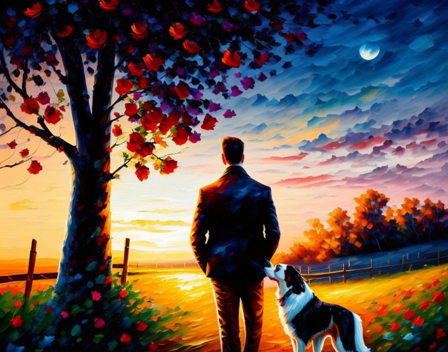 Man with dog under tree at colorful sunset with crescent moon.