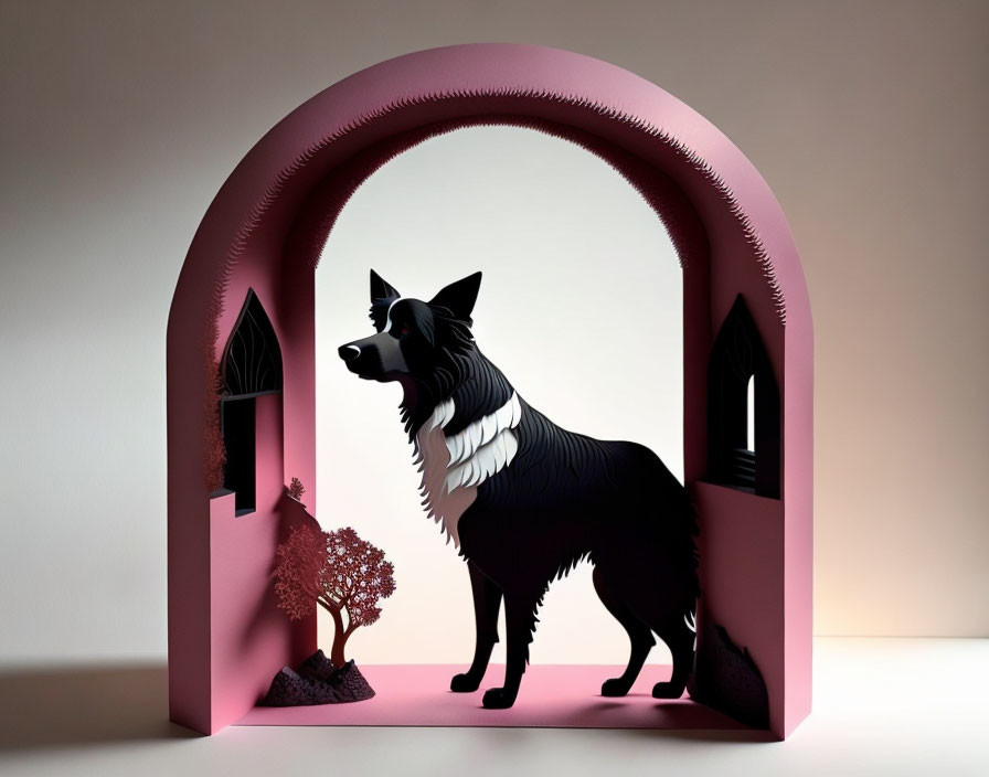 Black and White Dog in Paper Art Style with Pink Archway