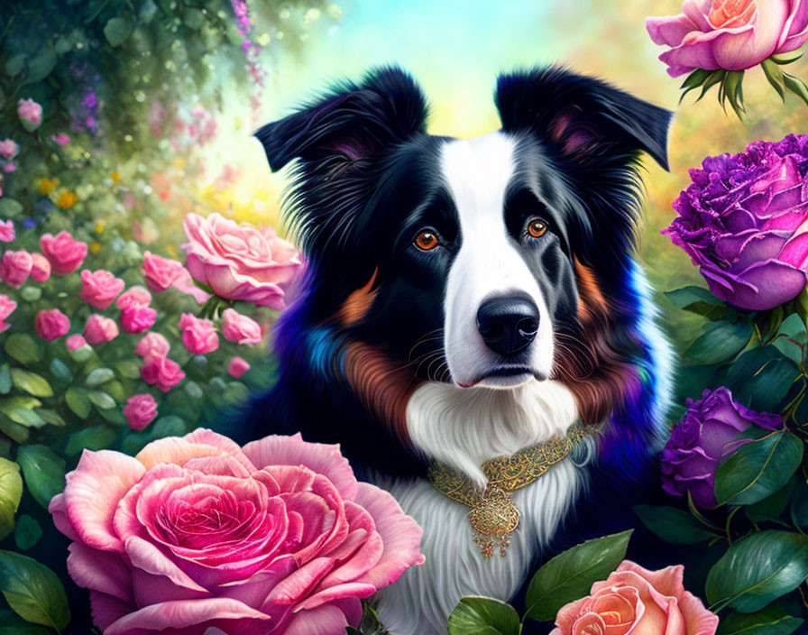 Tricolor Border Collie in Dreamy Rose Garden