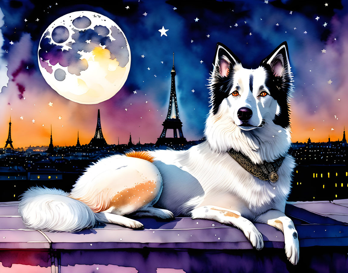 Black and white dog on rooftop under full moon