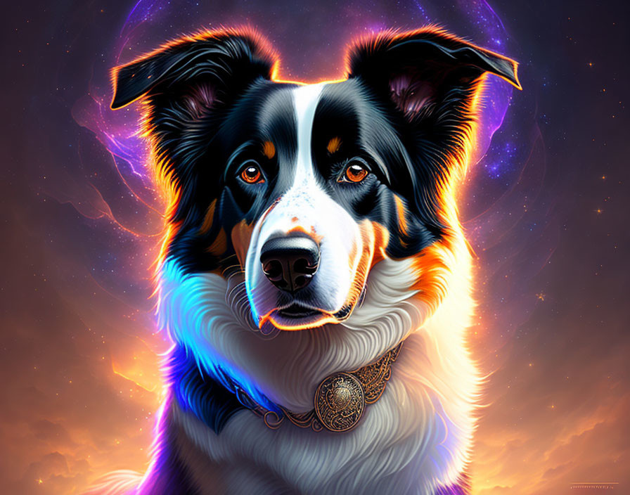 Colorful Border Collie portrait with neon-like outlines on cosmic backdrop