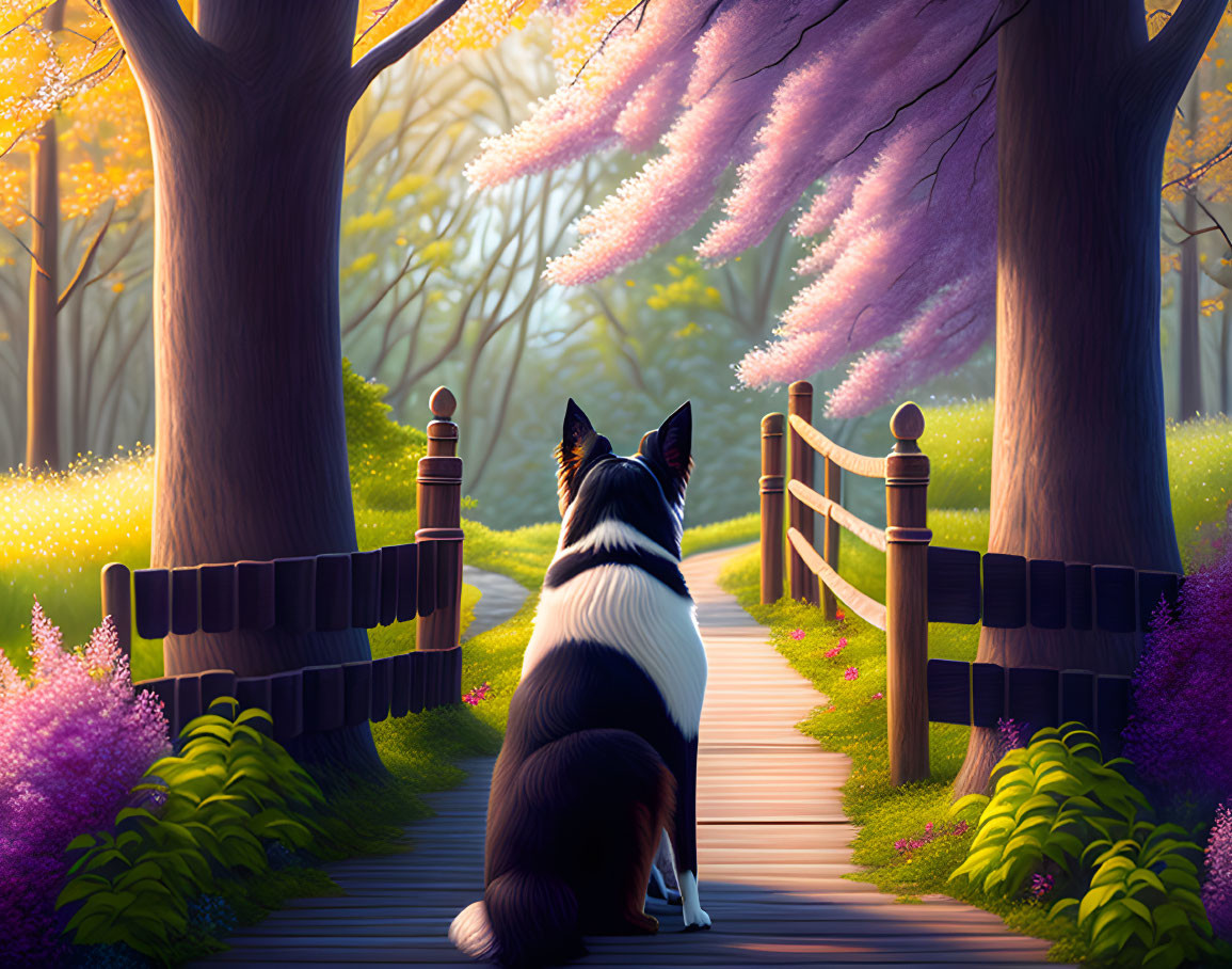 Border Collie in Enchanted Forest with Flowering Trees