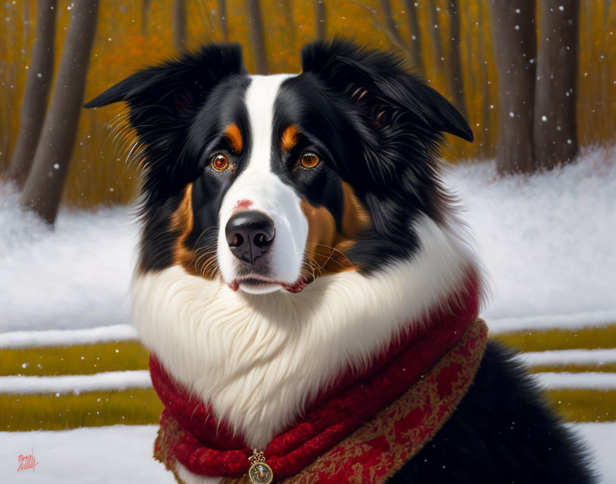 Realistic Australian Shepherd Dog Portrait with Red Scarf in Snowy Landscape