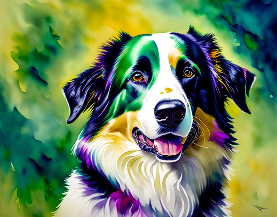 Colorful Border Collie painting with expressive eyes on green and yellow backdrop