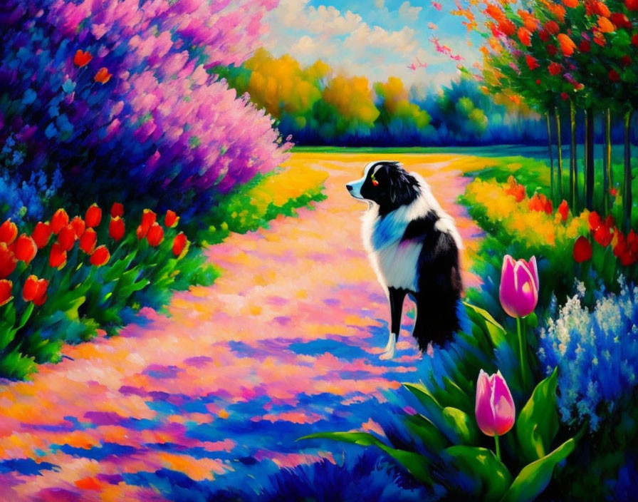 Vibrant painting: Dog on flower-lined pathway in vivid landscape