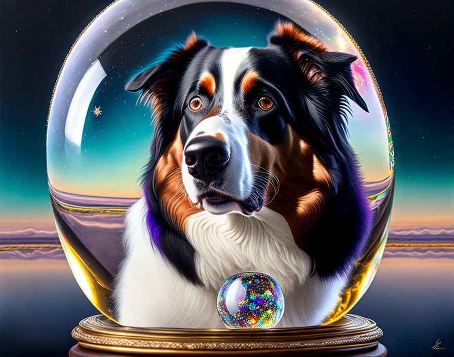 Realistic black and white dog in a bubble against twilight sky