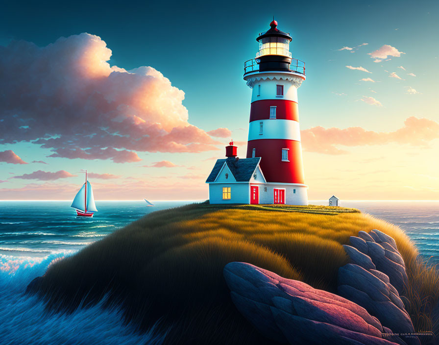 Scenic red and white lighthouse on grassy cliff by sea at sunset