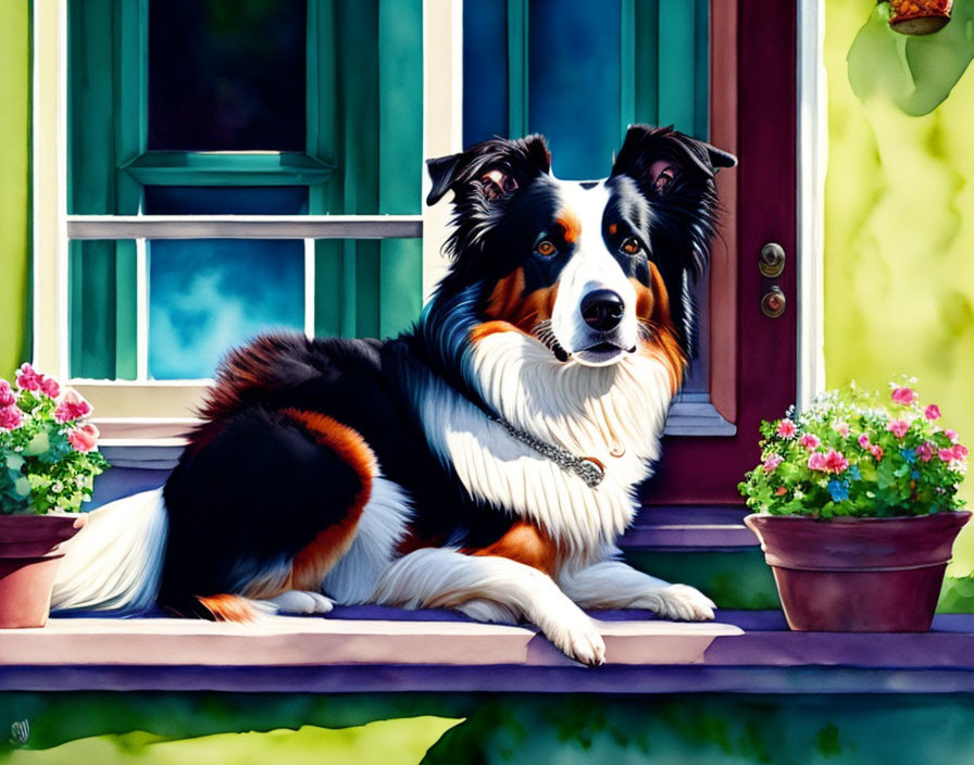 Tricolor Border Collie resting on porch with pink flowers