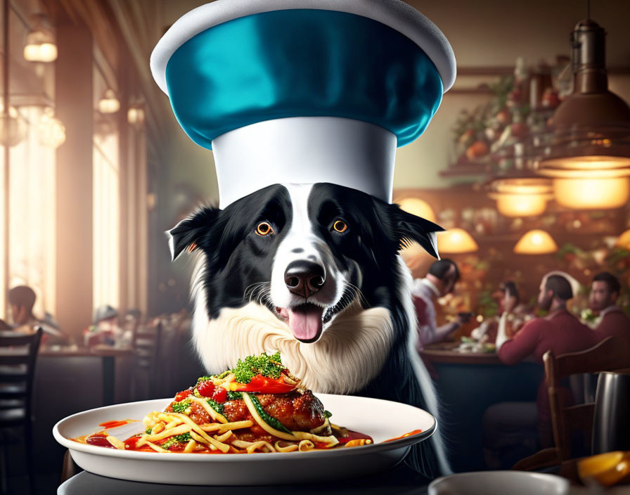 Chef dog serving spaghetti in busy restaurant