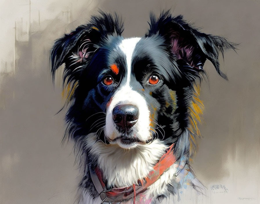 Black and White Border Collie Portrait with Amber Eyes and Red Collar