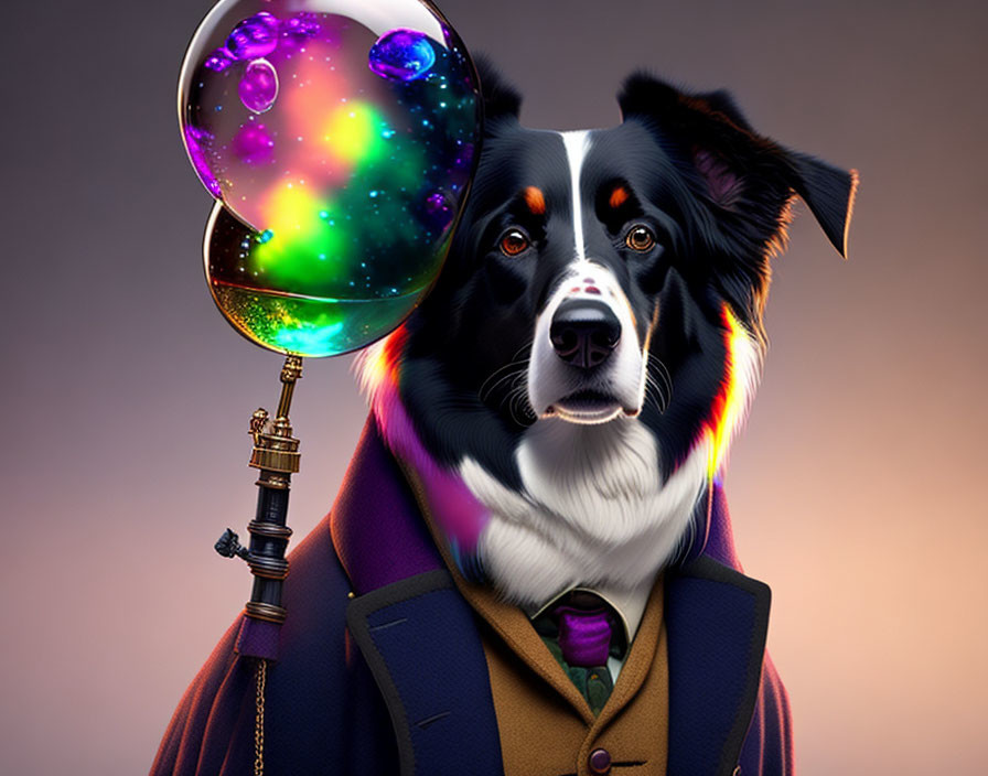 Digital Artwork: Dog with Magnifying Glass in Cosmic Scene & Suit-Tie