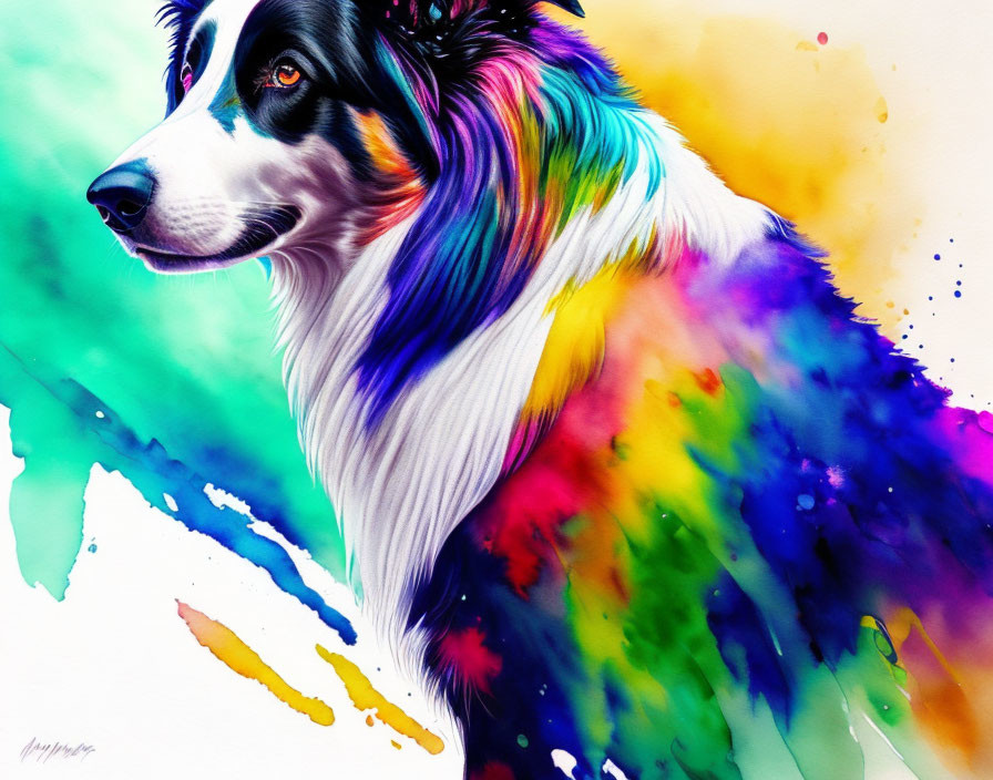 Colorful portrait of a dog with rainbow-hued coat on abstract watercolor background