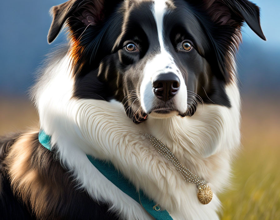 Glossy black and white Border Collie with blue eyes in turquoise collar outdoors