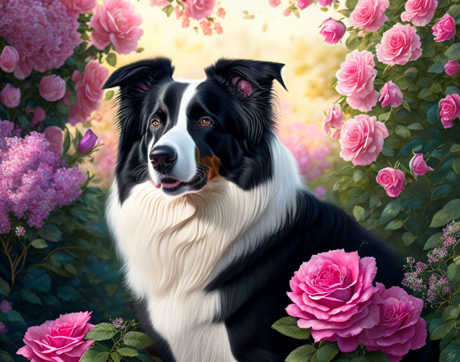 Border Collie surrounded by blooming pink roses in serene setting