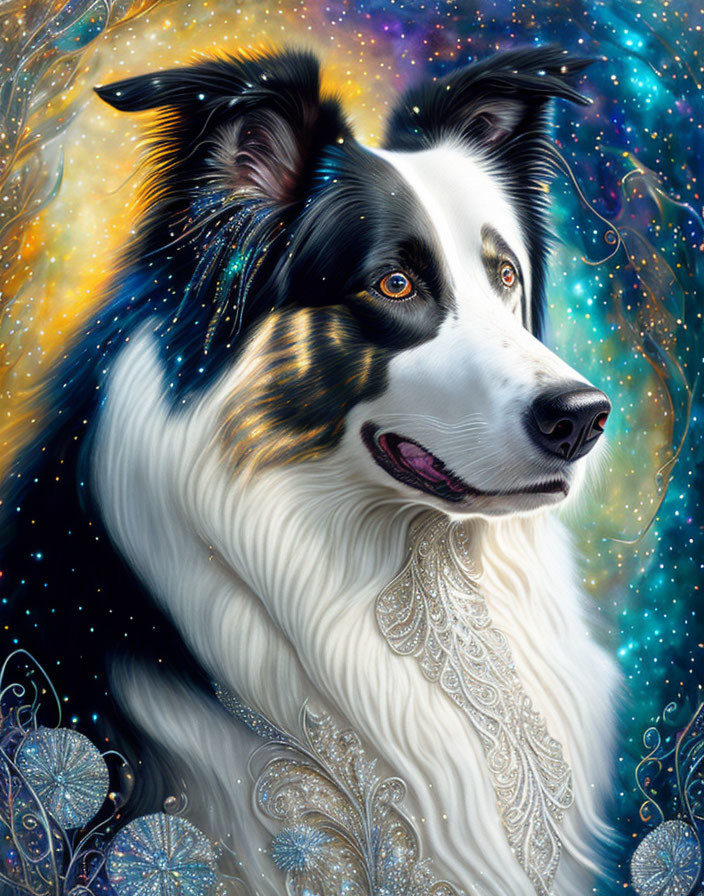 Colorful Border Collie with cosmic backdrop and floral patterns.