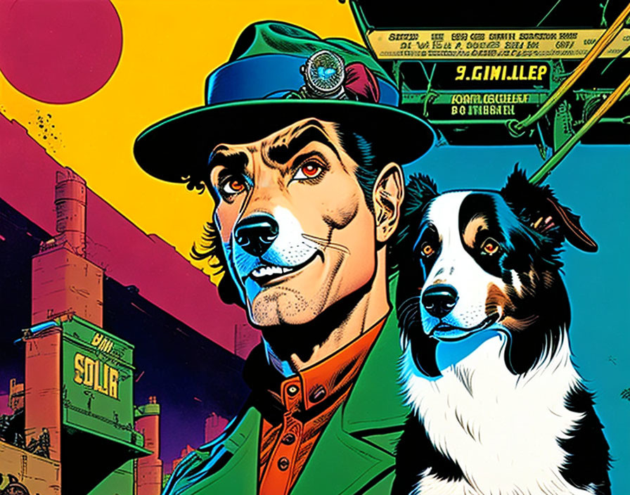 Man and dog with split faces in colorful comic-book style illustration.