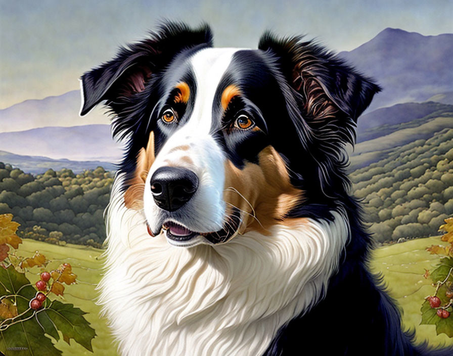 Realistic Bernese Mountain Dog Painting with Mountain Landscape & Grapevines