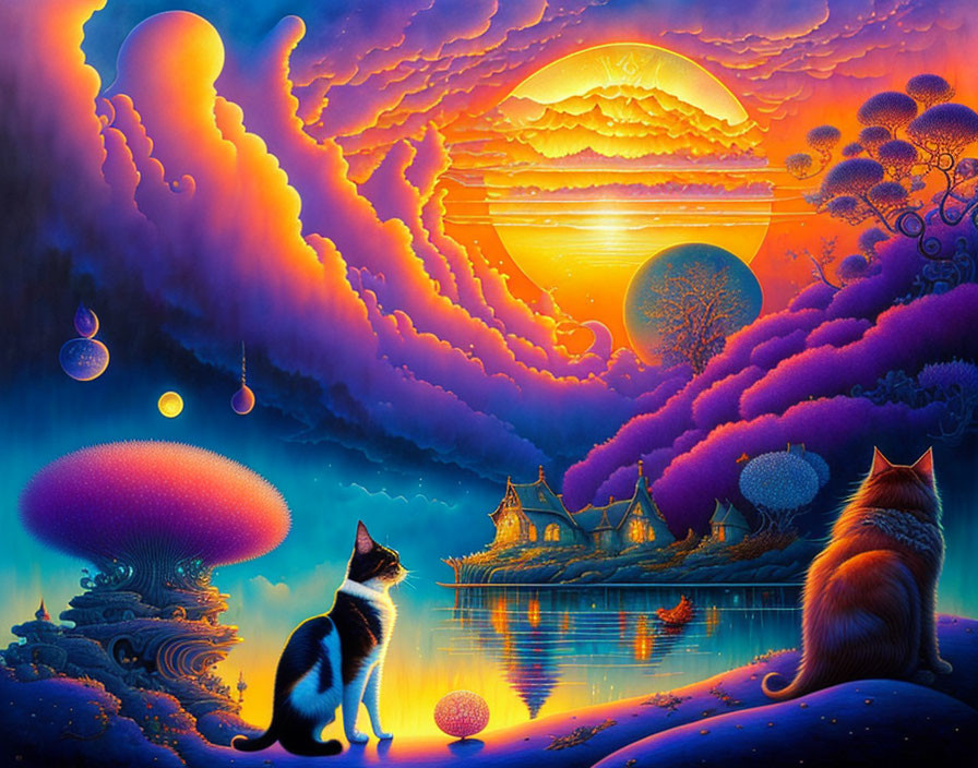 Fantasy sunset landscape with cats, castle, and celestial elements