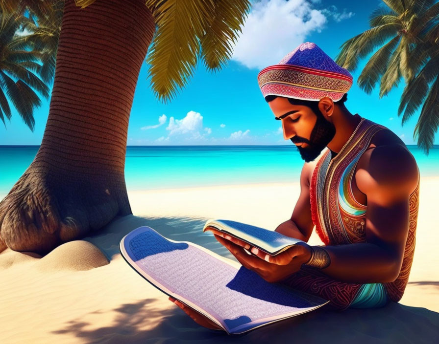 Traditional Man Reading Book on Sunny Beach with Palm Tree