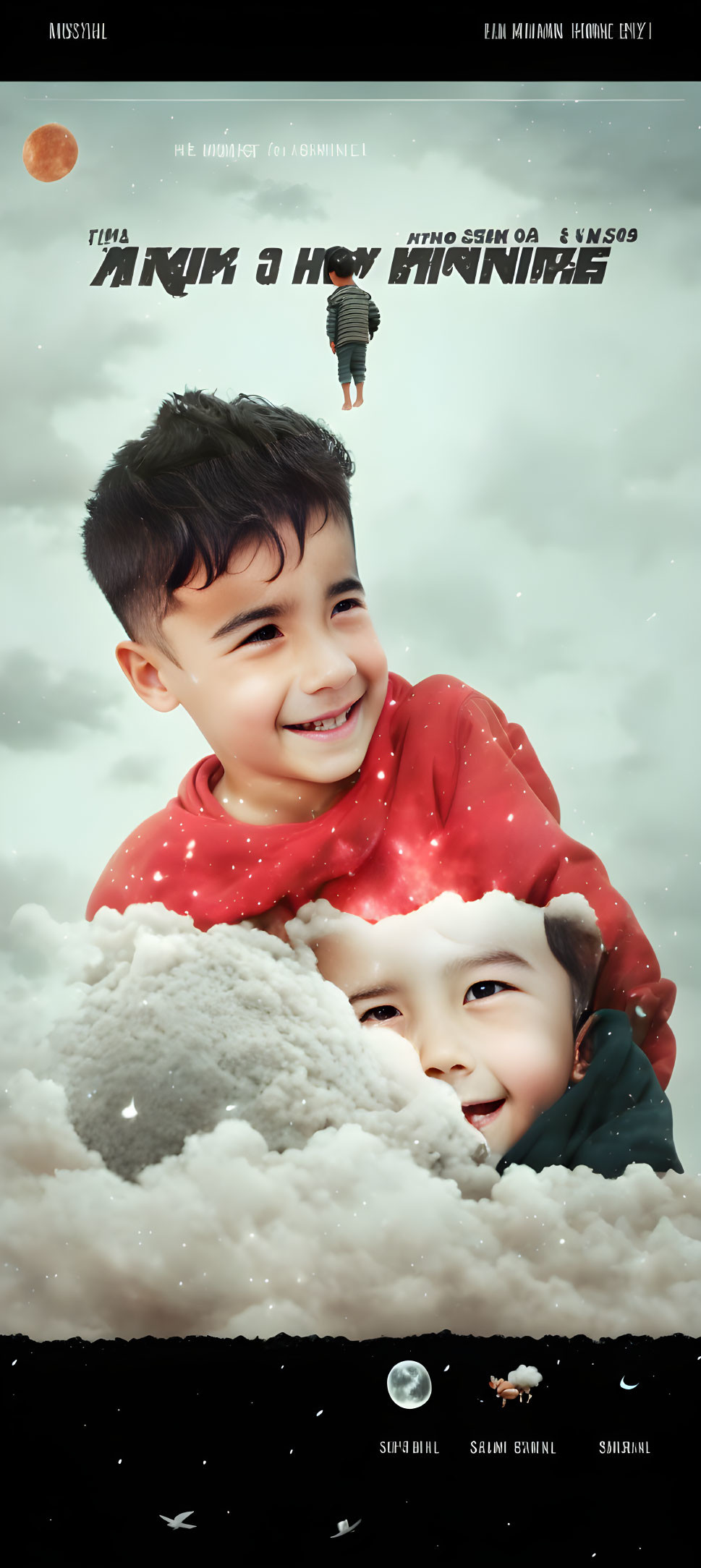 Children playing in snow under starry sky with red moon.