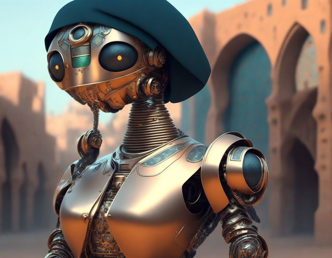 Metallic humanoid robot with intricate designs in front of arched structures wearing a beret