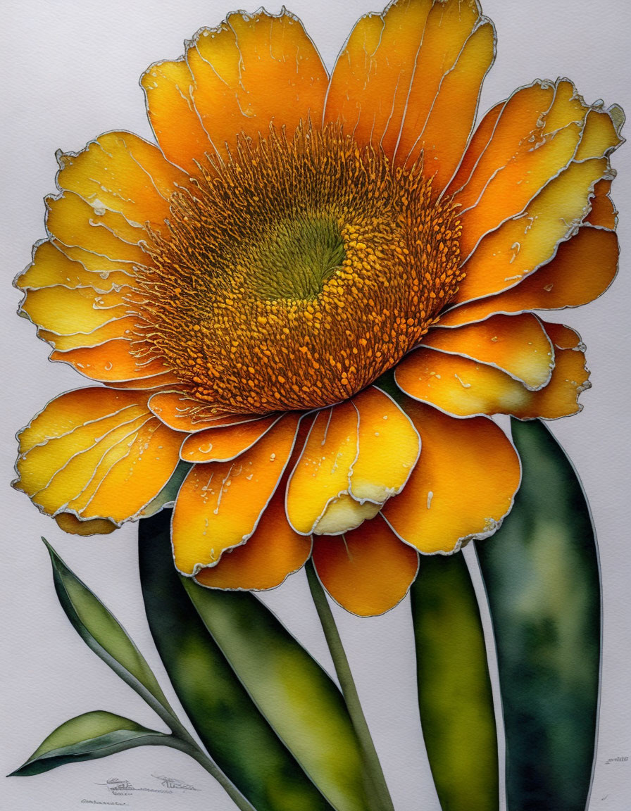 Detailed Watercolor Painting of Orange-Yellow Flower