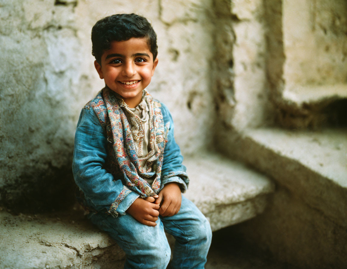 Young boy in blue traditional outfit smiling on concrete steps