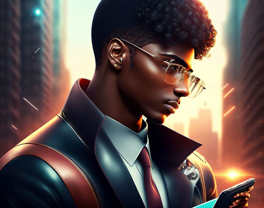 Digital artwork: Man with curly hair and glasses on phone in futuristic cityscape at sunset