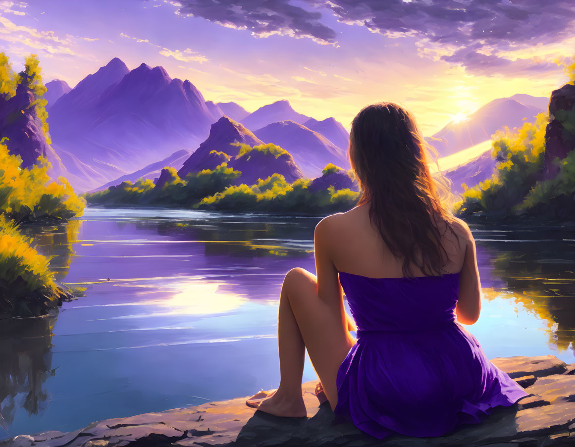 Woman in Purple Dress by Tranquil River at Sunset