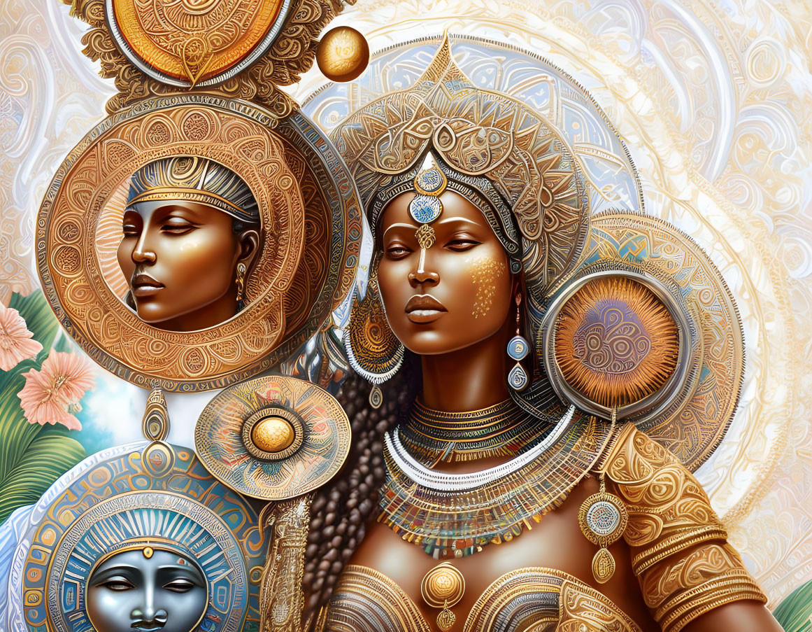 Ornately adorned female figures with golden headdresses in digital artwork