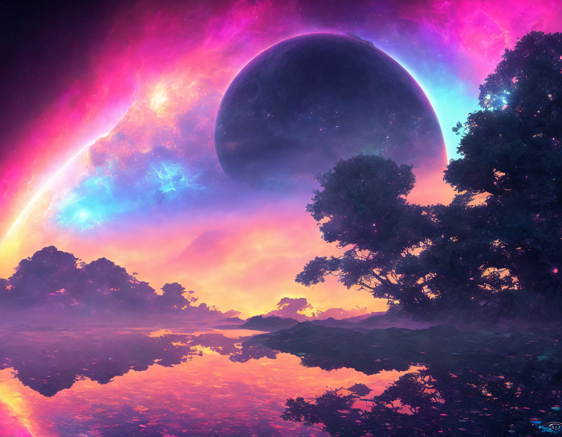 Colorful cosmic scene: planet above lake, forest, nebula sky