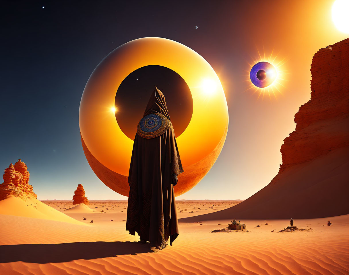 Cloaked Figure in Desert with Large Planets and Bright Sun