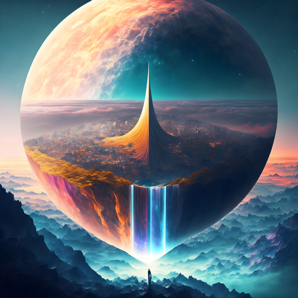 Person in futuristic scene before colossal waterfall and giant planet.