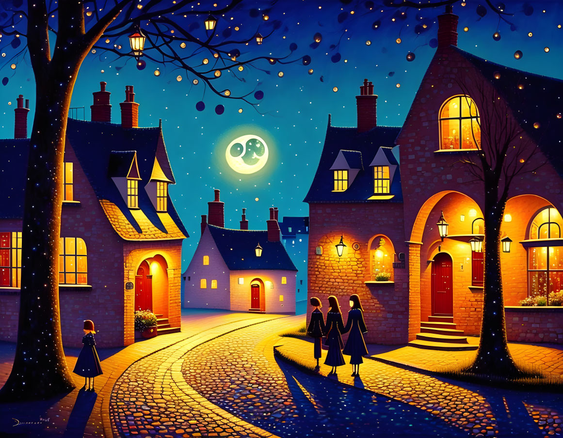 Vibrant nighttime village scene with glowing houses and starlit sky