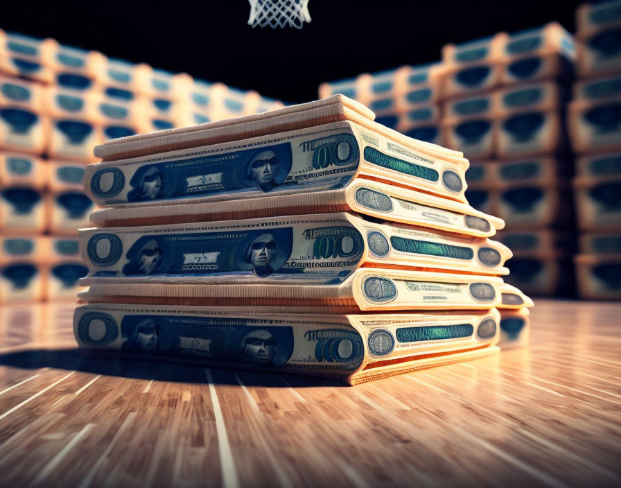 US Dollar Banknotes Stack Resembling Sneaker on Wooden Floor with Basketball Hoop