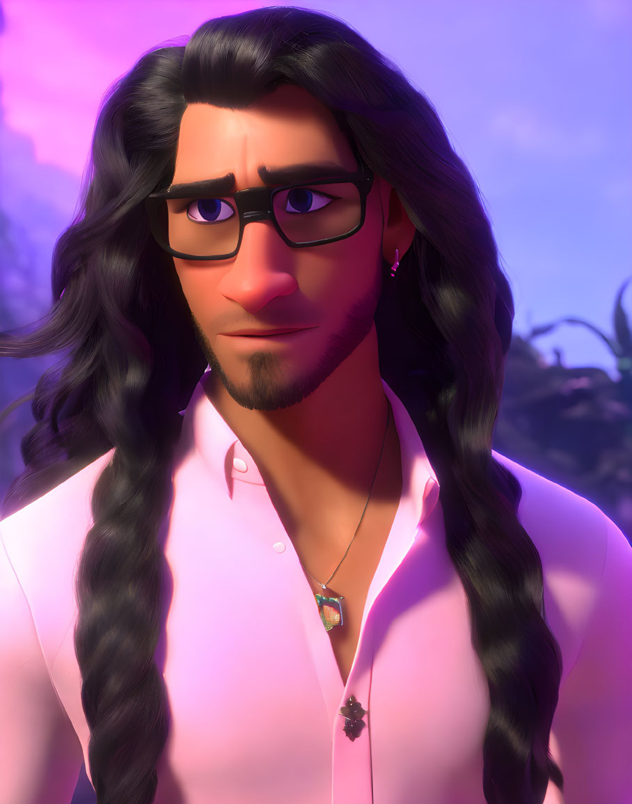 Stylized animated male character with long black hair, goatee, glasses, earring, pink