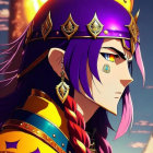 Regal fantasy character with purple skin, golden crown, and ornate armor