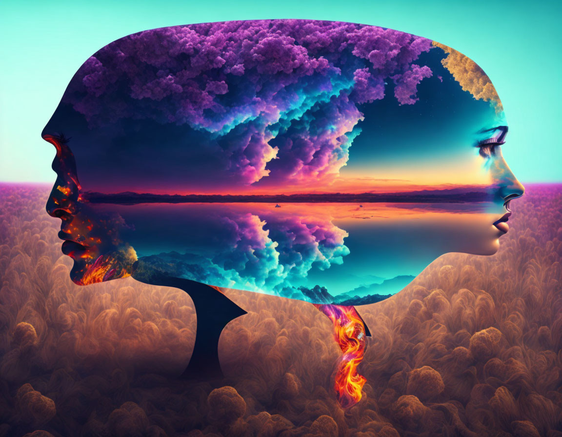 Surreal head profile with cloud landscape, sunset, tree silhouettes, and burning match transition