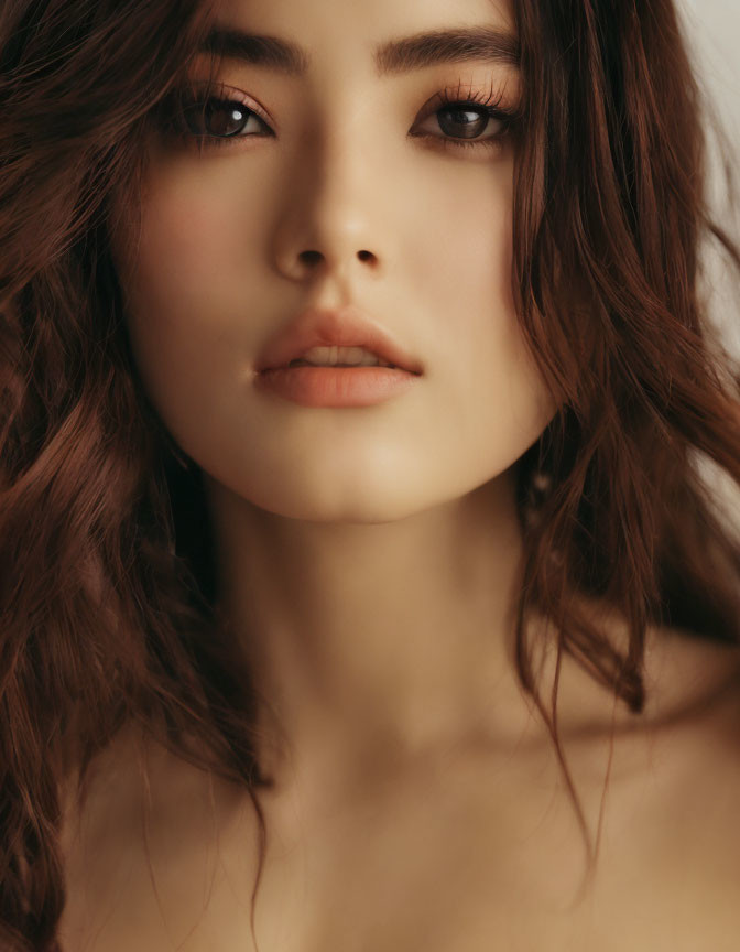 Portrait of Woman with Wavy Brunette Hair and Soft Gaze