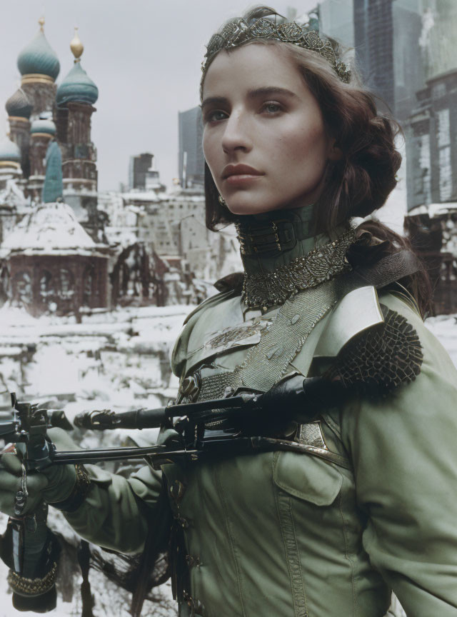 Medieval armor-clad woman with crown and gun in snowy onion-domed backdrop