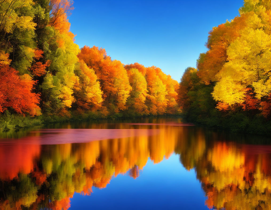 Colorful autumn foliage reflected in calm river under clear blue sky