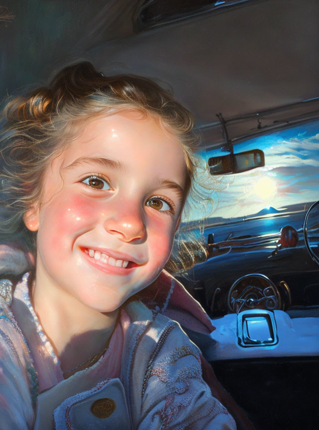 Smiling young girl in car with sunlight streaming through window