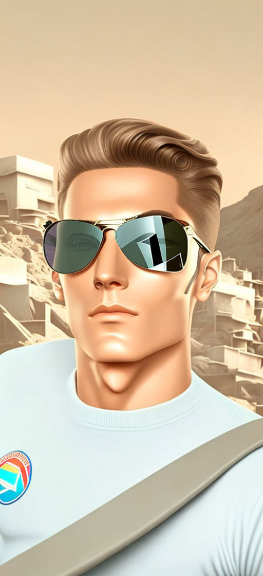 Stylized male character with reflective sunglasses in desert landscape.