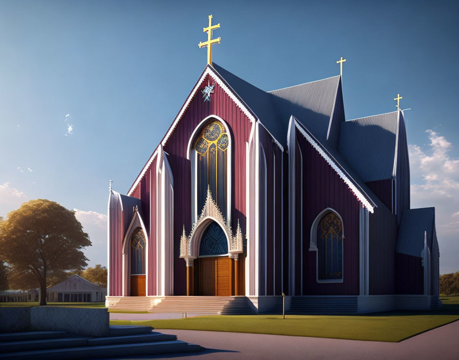 Modern Gothic Church with Rose Window & Cross in Digital Rendering