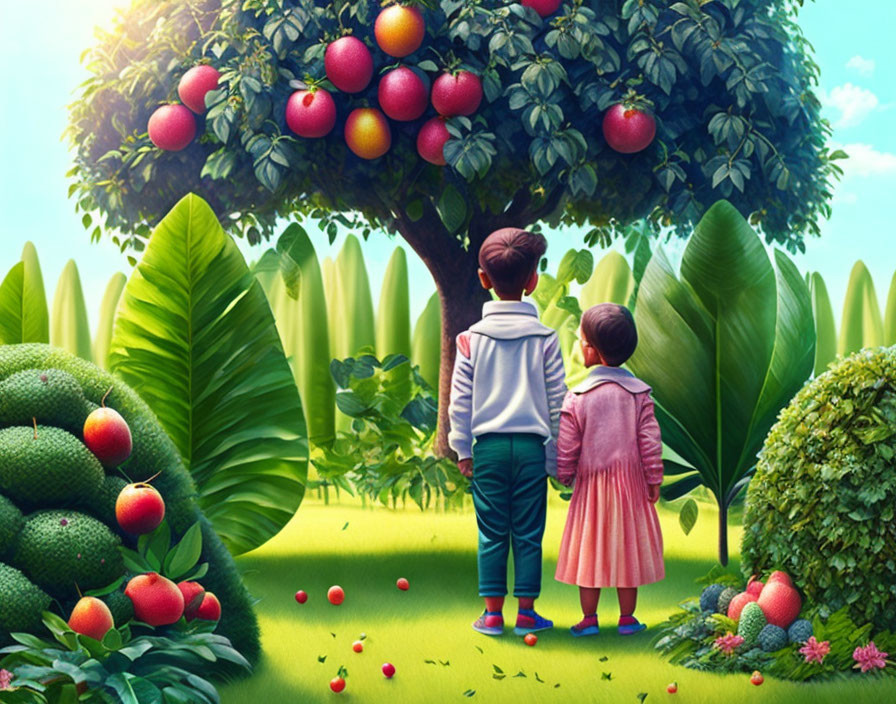 Children in vibrant garden with red apple tree