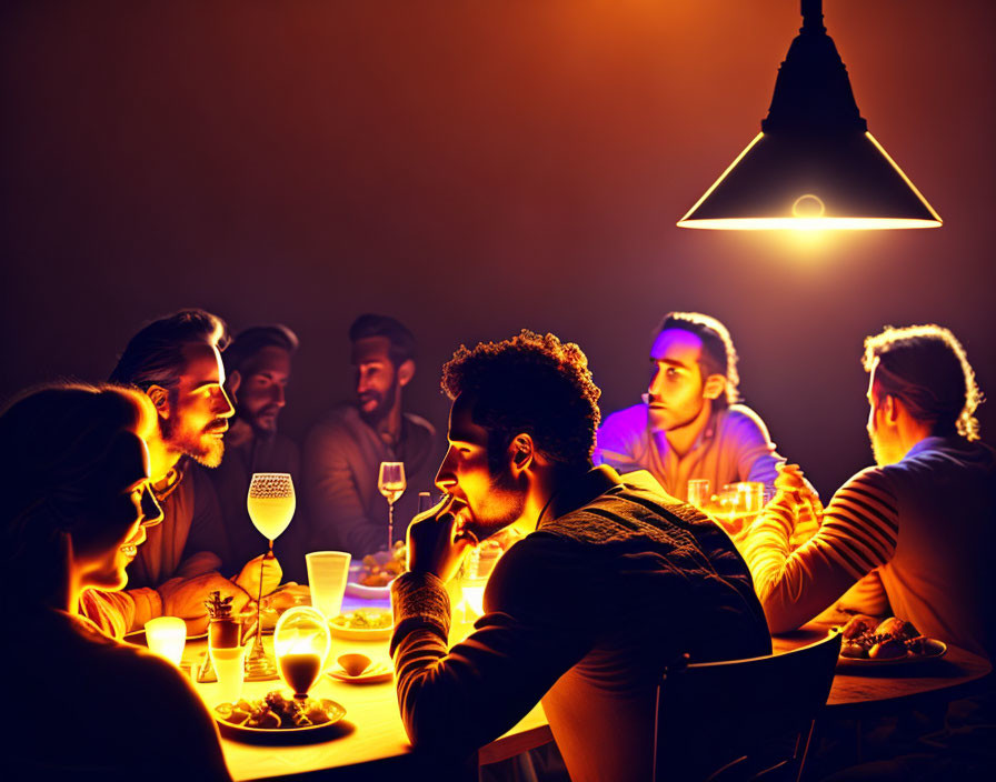 Individuals gathered around table in cozy ambiance with drinks and food